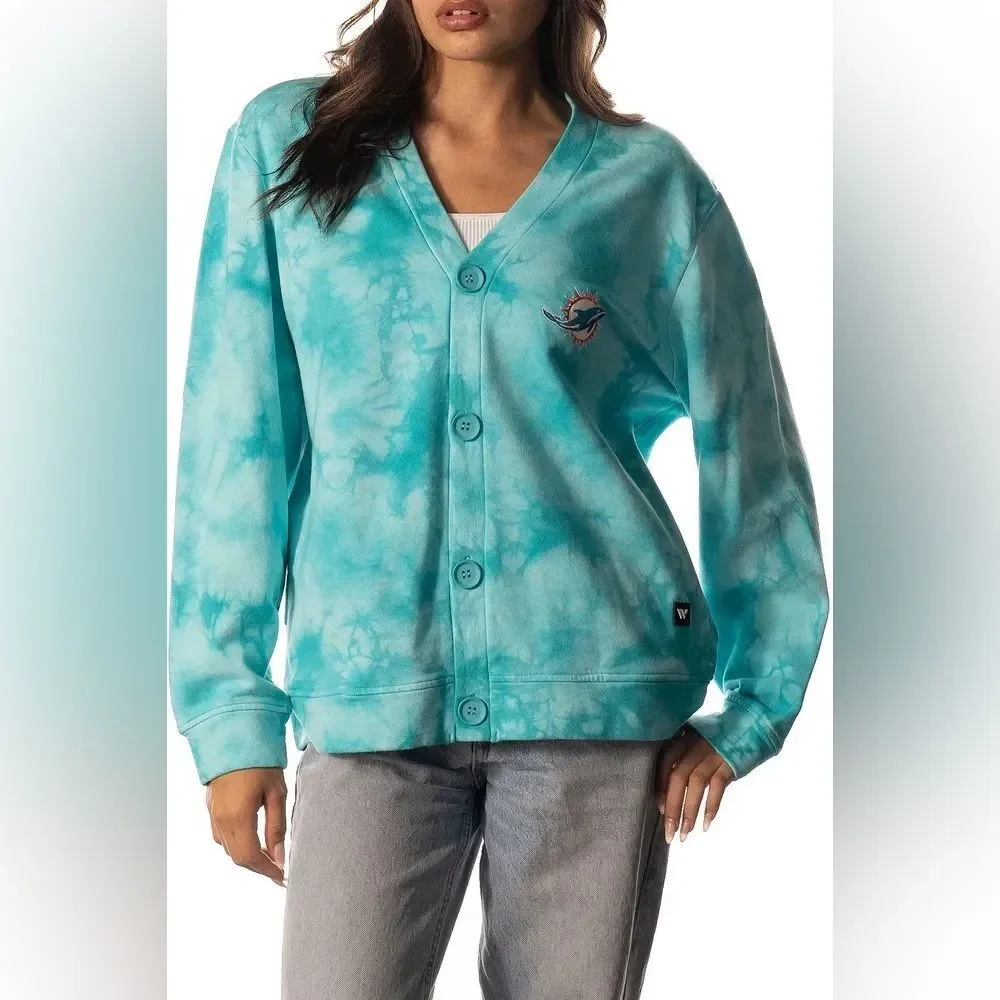 The Wild Collective Women's Miami Dolphins Tie Dye Aqua Cardigan NFL Size M